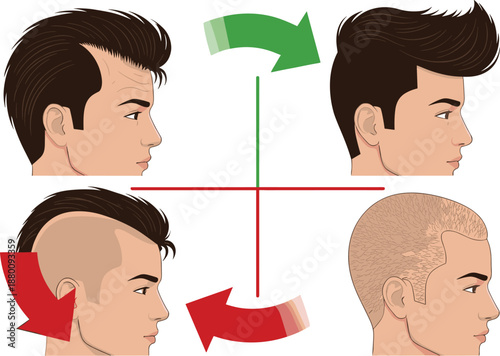 Male hairstyle transformation vector, slicked back to pompadour, mohawk to buzz cut, haircut evolution design, modern grooming concept illustration