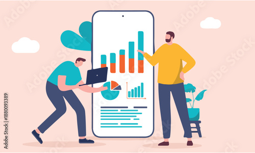 People and pie chart - Two business men working on financial statistics, data and graph on phone screen, analysing and finding answers. Flat design vector illustration with beige background