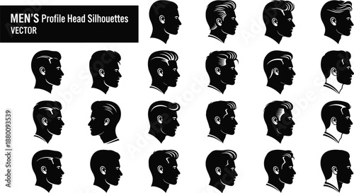 Men’s profile head silhouettes, hairstyle variation, male avatar design, black vector heads, haircut styles, fashion sketch, character reference, hair texture, side view, graphic icon set, male head