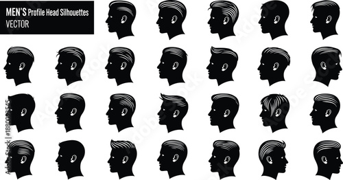 Men’s profile head silhouettes, hairstyle variation, male avatar design, black vector heads, haircut styles, fashion sketch, character reference, hair texture, side view, graphic icon set, male head
