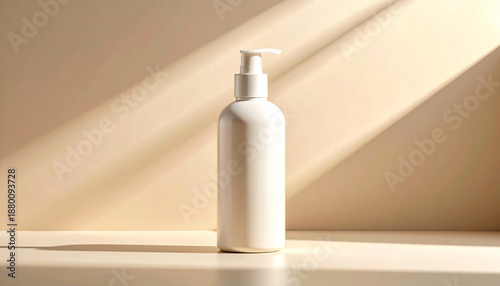 Minimalist studio product photo of white cosmetic bottle with copy space