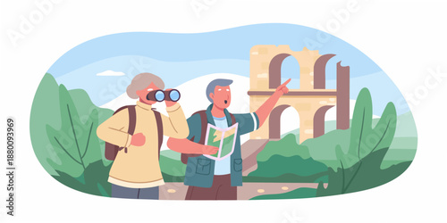 Two tourists exploring ancient ruins with a map and binoculars