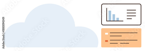 Cloud computing, data management, analytics, information storage, technology services, digital solutions. A cloud icon with a bar chart and organized list icons. Cloud computing and data management