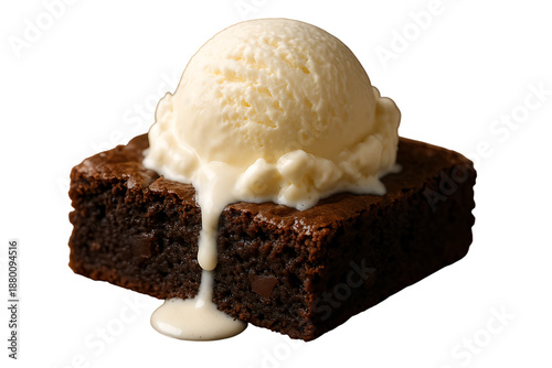 Chocolate brownie with melting vanilla ice cream on isolated on a transparent background melting ice cream