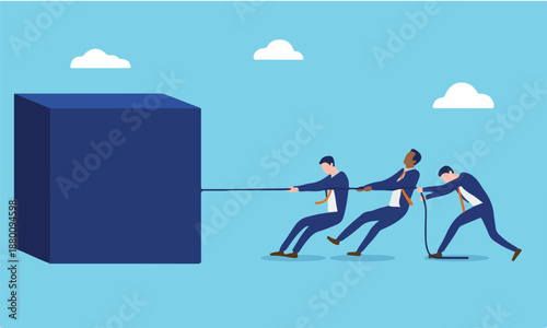 Business hard work - Businesspeople pulling bog block showing perseverance and determination to solve giant problem by working really hard. Corporate problem and adversity concept in vector design