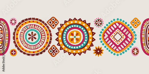 Intricate repeating pattern of colorful geometric mandalas and circular designs