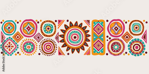 Colorful bohemian pattern with repeating geometric shapes and floral motifs