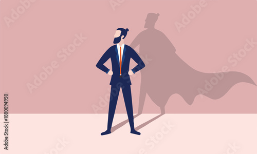 Business hero - Bearded hipster businessman standing proud and casting superhero shadow on wall. Heroic, courageous and brave man concept. Vector illustration.