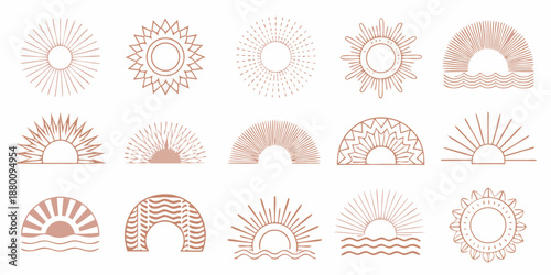 Collection of abstract sun and wave illustrations in earthy terracotta tones
