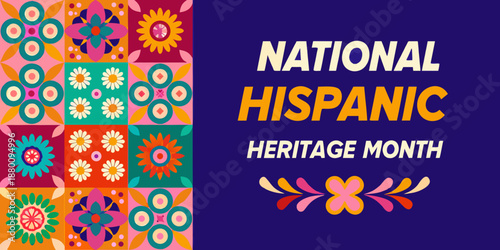 Celebrating national hispanic heritage month with colorful floral patterns and text