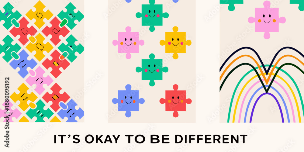 Naklejka premium Colorful puzzle pieces and a rainbow illustrate diversity and acceptance
