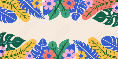 A vibrant floral and tropical leaf arrangement against a light background