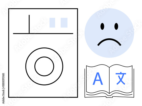Translation challenges. Translation using a sad face, washing machine, and language symbols. Translation difficulties in multilingual communication concepts. For language services, technology