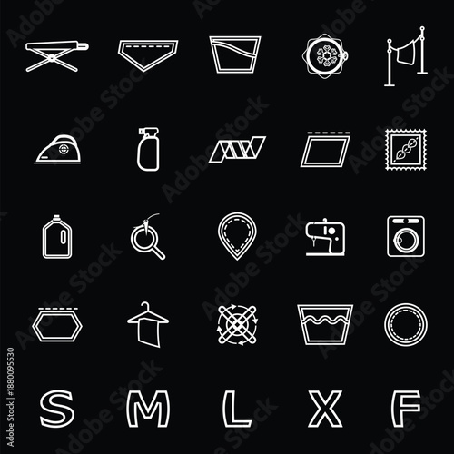 Cloth care sign and symbol line icons on black