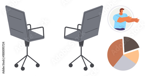 Workplace dynamics, business strategy, human resources, corporate culture, teamwork. Two office chairs, pie chart, and cartoon figure. Workplace dynamics and business strategy