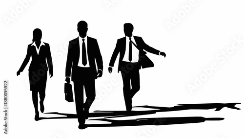 Three business people walking together in silhouette.