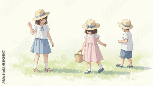 Three children wearing straw hats enjoying a sunny day outdoors.