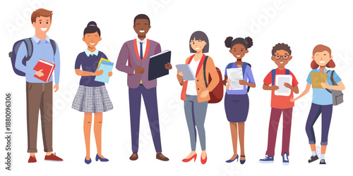 A diverse group of students standing together holding books and school supplies
