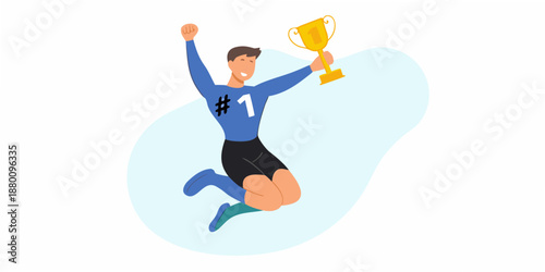 a man in blue jersey jumping with a trophy