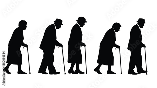 silhouette of elderly people walking with canes in different postures