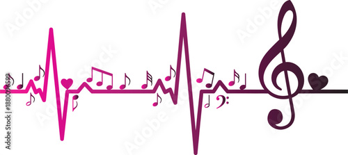 ECG heartbeat line that morphs into musical notes and small hearts along the wave vector illustration 2