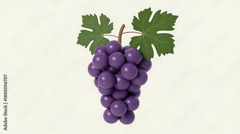 Fototapeta premium 3D Render of Purple Grapes with Green Leaves on Soft Off-White Background