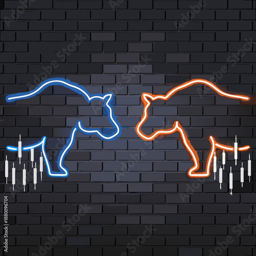 Neon bull and bear silhouettes face off against a stock market graph