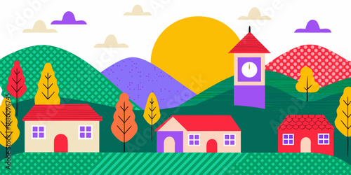 Colorful illustration of a village landscape with hills sun and houses