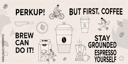 Coffee motivation a playful illustration with a cyclist and coffee elements