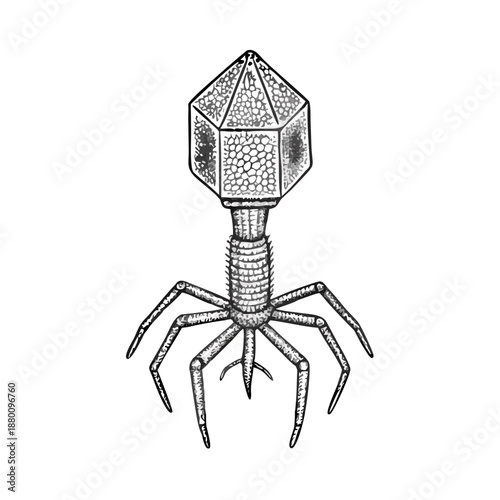 Detailed illustration of a bacteriophage structure against a black background