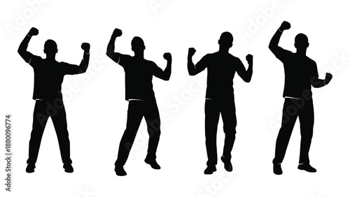 Silhouettes of people in dynamic poses celebrating or expressing energetic movement