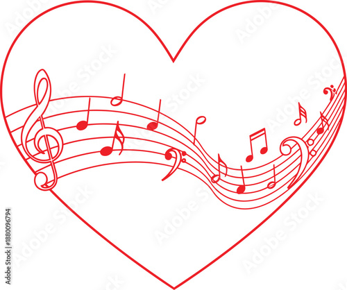 Red Heart with Musical Notes Flowing Through it - A Symbol of Love for Music