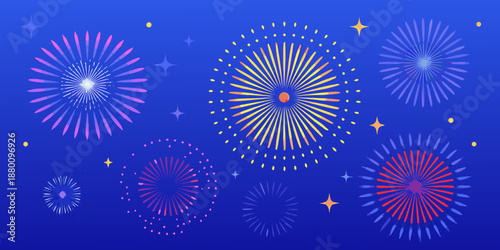 Colorful fireworks display with vibrant bursts and sparkling lights on a blue background