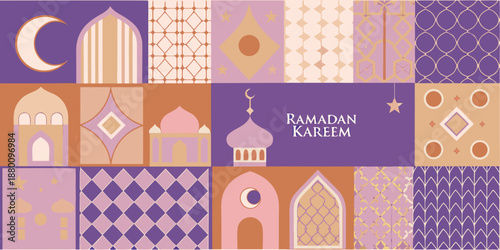 A colorful ramadan kareem pattern with crescent moons and islamic architecture