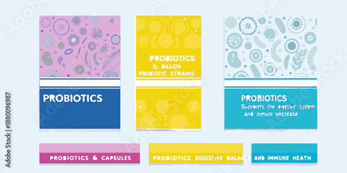 Colorful probiotic supplement packaging designs with bacteria and health information