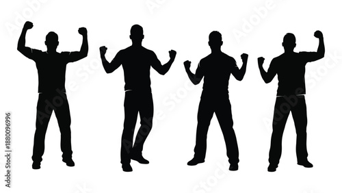 Silhouettes of people celebrating victory with arms raised in a joyful and triumphant pose