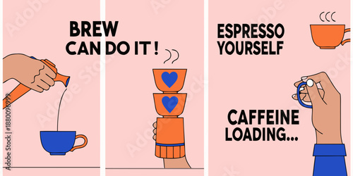Colorful illustration promoting coffee brewing with hands and cute cup designs