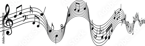 Curving musical staves adorned with a multitude of notes, representing the essence of a flowing symphony