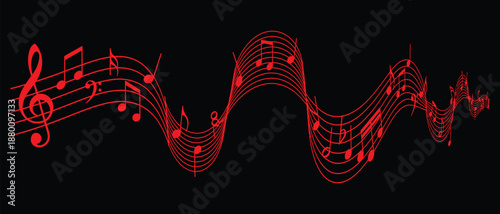 Abstract red musical notes wave on black background illustration