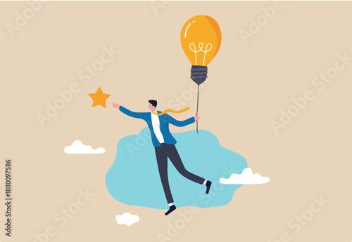 Creativity or innovation to help reach business goal, lightbulb idea to success, leadership to get solution to achieve goal, smart businessman flying with lightbulb idea to catch star in the sky. 