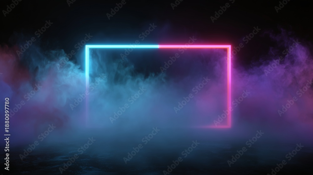 Obraz premium Neon frame, abstract minimal background, rectangular frame with copy space, illuminated smoke effect, glowing geometric shape, Vector abstract neon background for signboard or billboard