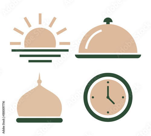 Minimal Islamic icons of moon, star, mosque, and a glass of drink, representing Ramadan, iftar, and spiritual atmosphere