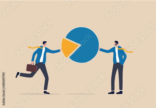 Company shareholder, investor or owner who hold percentage or company share assets, market distribution concept, businessman people holding part of pie chart metaphor of holding stock share.