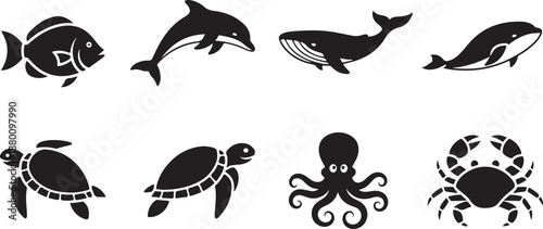 Collection of Black and White Silhouette Icons of Marine Animals