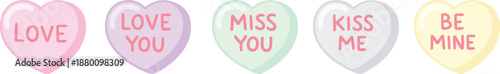 Pastel Valentine candy heart icons with love messages on white