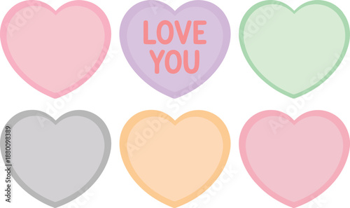 Pastel Valentine candy heart icons set with blank hearts on white