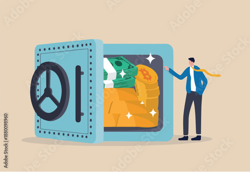 Alternative financial assets, crypto currency bitcoin, cash and gold for investment retirement plan concept, businessman investor standing with security safe with full of cash, gold and bitcoin inside