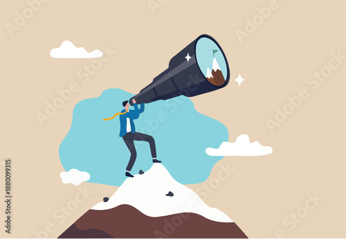 Ambition to aim high and achieve business goal, motivation to success, challenge and determination for victory concept, ambitious businessman look through telescope for mountain peak target.