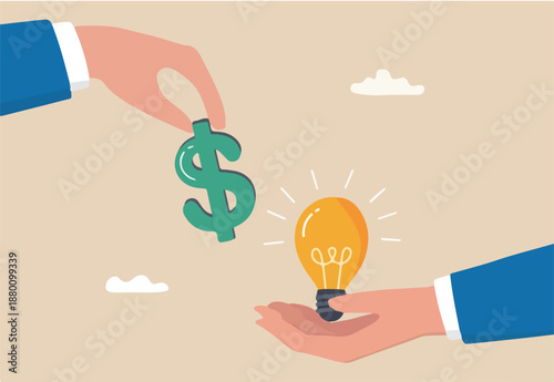 Funding startup idea, fundraising to start business, investor, venture capital or VC to financial support, budget or sponsorship concept, businessman hand give dollar money to lightbulb business idea