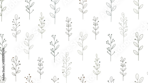 Seamless pattern of simple hand-drawn plants and flowers in muted gray tones on a white background with a minimalist design style.